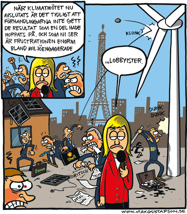 Om klimatmötet i Paris 2015. Satirteckning av Max Gustafson.