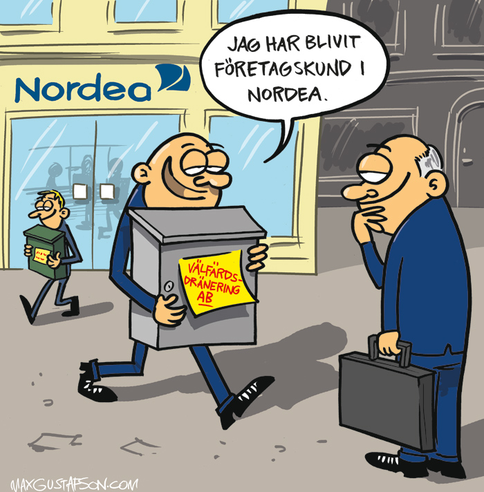 Om Nordeas skatteflyktinghjälp. Satir av Max Gustafson.