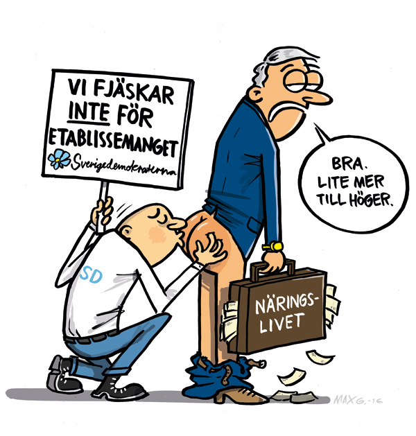 Om Sverigedemokraternas fjäskande för etablissemanget. Satirteckning av Max Gustafson.