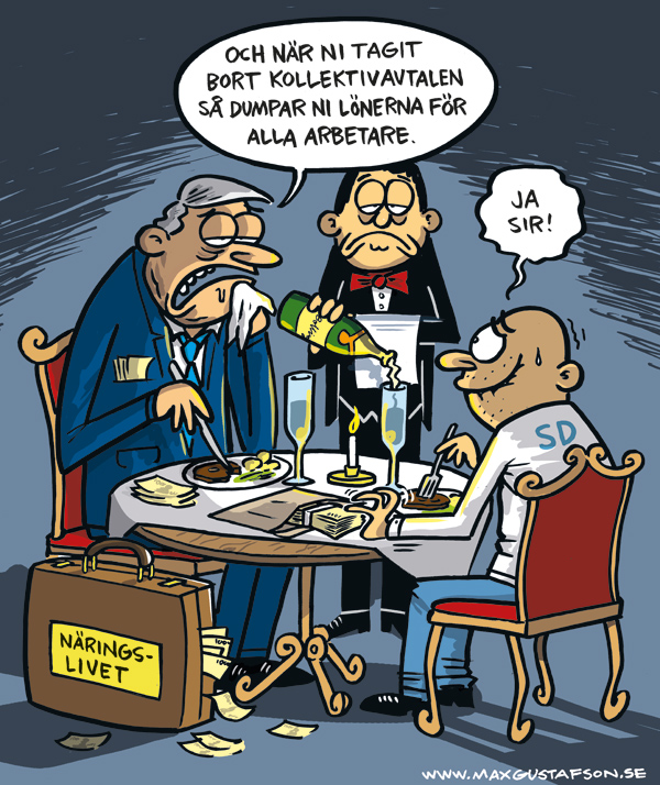 Om det arbetarfientliga partiets fjäsk för etablissemanget. Satirteckning av Max Gustafson
