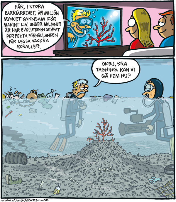 Om våra vackra döda korallrev. Satirteckning av Max Gustafson.